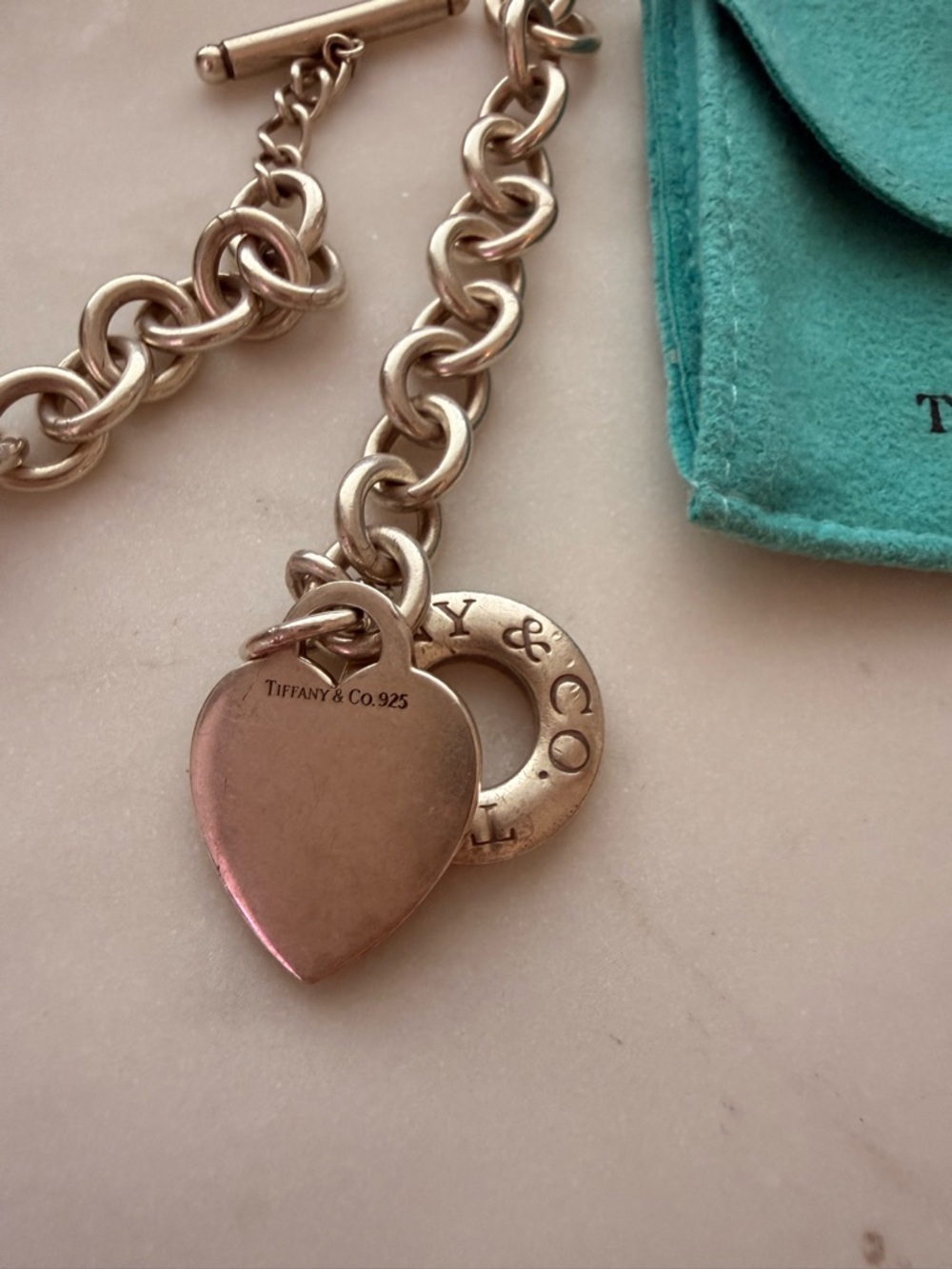 Vintage Tiffany & Co. Sterling Silver Heart Charm Toggle Necklace with Pouch - Picture 3 of 7
